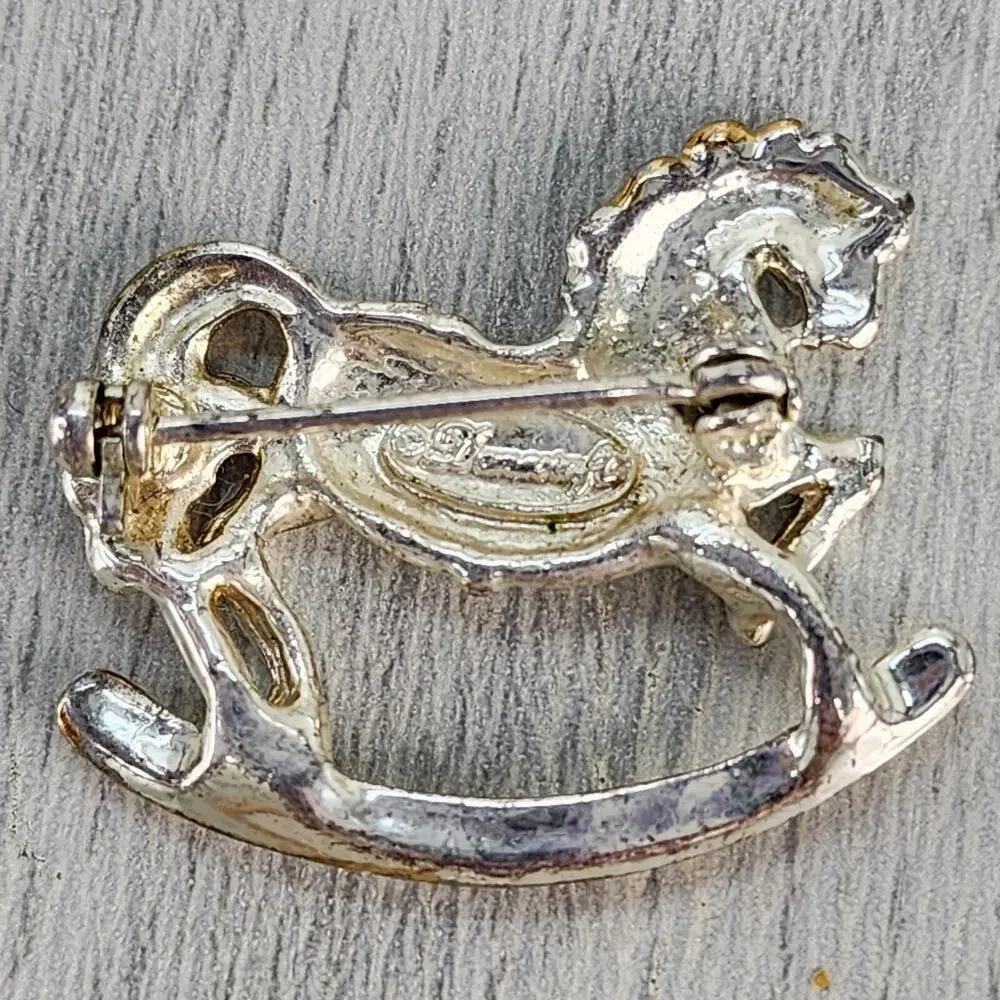 Vintage Danecraft Rocking Horse Brooch Pin Figural Gold Silver Tone Signed Metal
